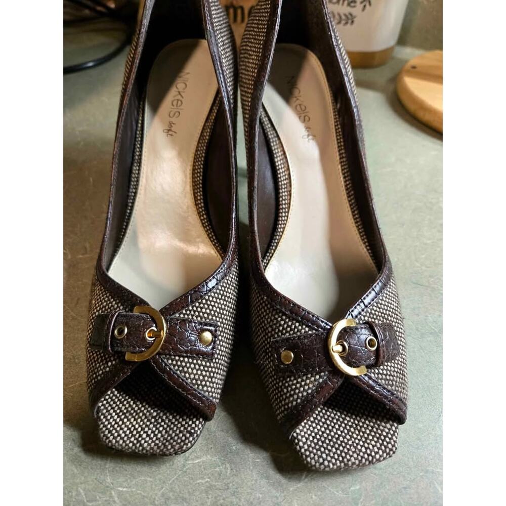 Nickels Soft Brown Tweed Peep Toe High Heels Buckle Style ~ Size 8